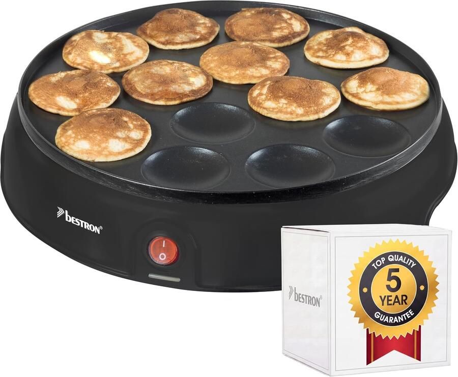 Poffertjesmaker Elektrisch – 14 Poffertjes per Keer – Antiaanbaklaag – Snelle Opwarming – Snoeropberging – 800 W – Zwart