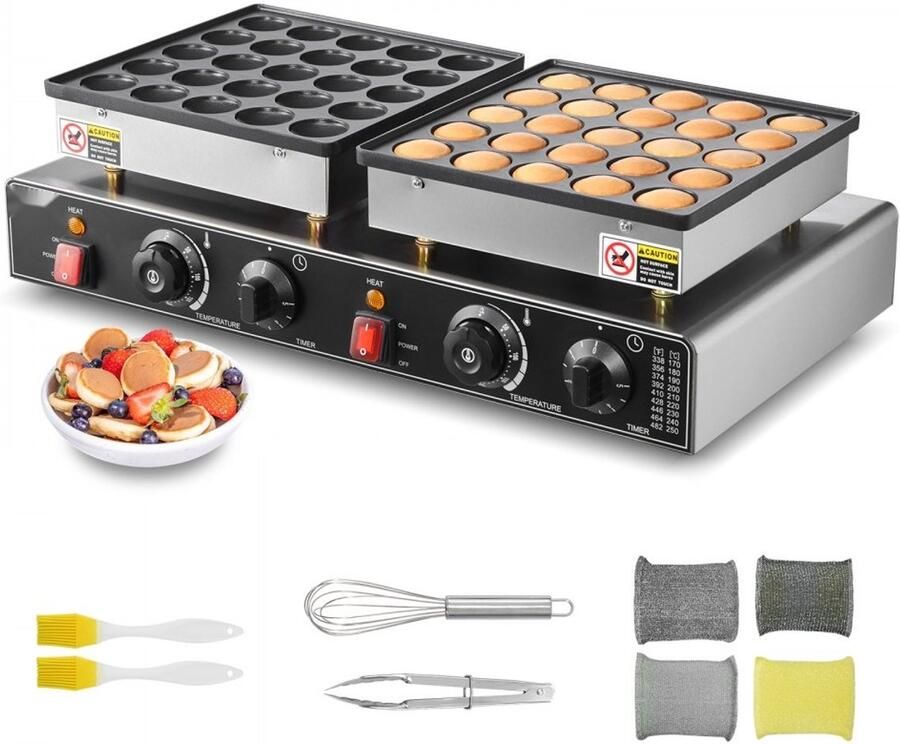 Poffertjesmaker Elektrische poffertjes- en dorayaki-bakplaat Capaciteit 50 Stuks Antiaanbaklaag Roestvrij Staal Vermogen 1800 W Dubbele Thermostaat en Timer Horeca