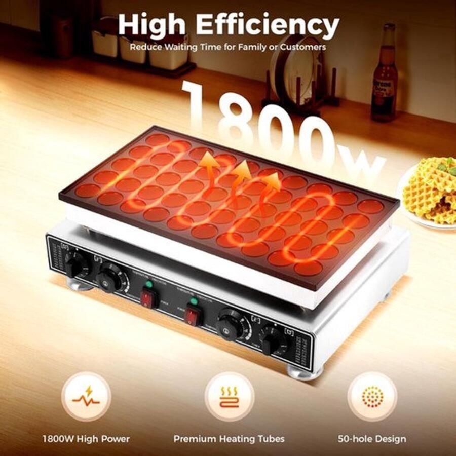 Poffertjespan – Mini Pannenkoekenpan – Pannenkoekenmaker – Mini Poffertjespan – Poffertjes Bakplaat – Inductie Geschikt – 1700W Vermogen – Bakoppervlak 40x25 cm – 50 Poffertjes Tegelijk