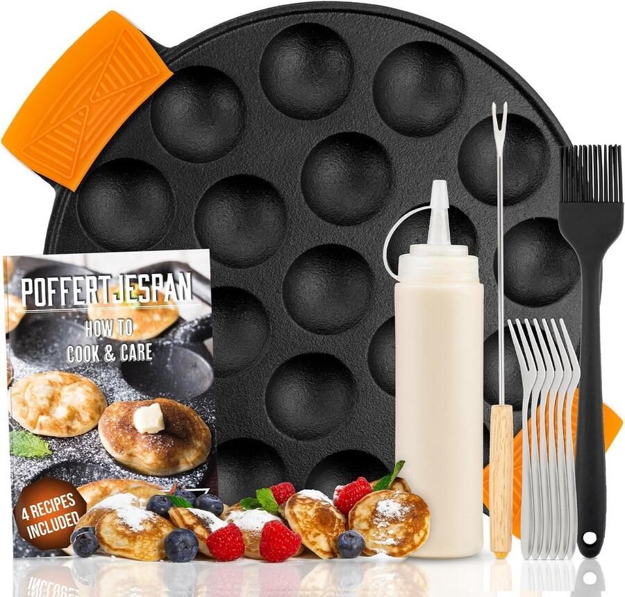 Poffertjespan Set Gietijzer Inclusief Doseerfles Keervork en Vorkjes Geschikt voor Inductie en Elektrisch Voor het Maken van Poffertjes