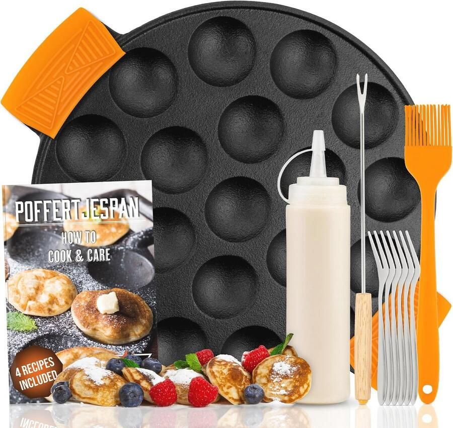 Poffertjespan Set Inclusief Doseerfles Keervork en Vorkjes Ideaal voor Inductie en Elektrisch Gietijzeren Pan voor 19 Mini Poffertjes