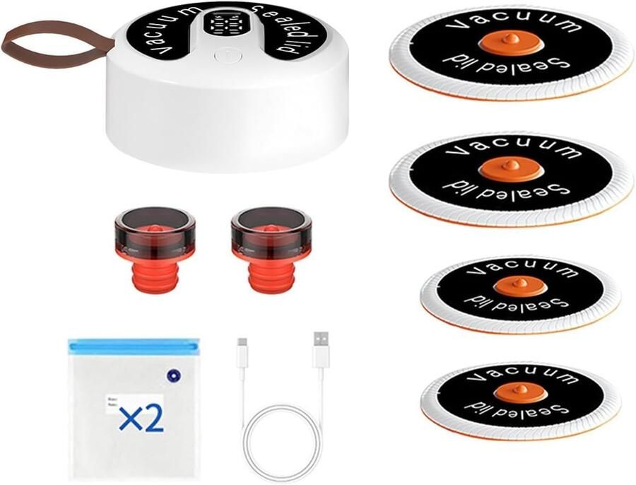 Pompe à vide électrique rechargeable – Pompe universelle avec couvercle et sac sous vide aspiration jusqu'à -60 kPa interface USB-C utilisation simplifiée (un seul bouton) idéale pour la conservation des aliments en bocaux récipients et sacs
