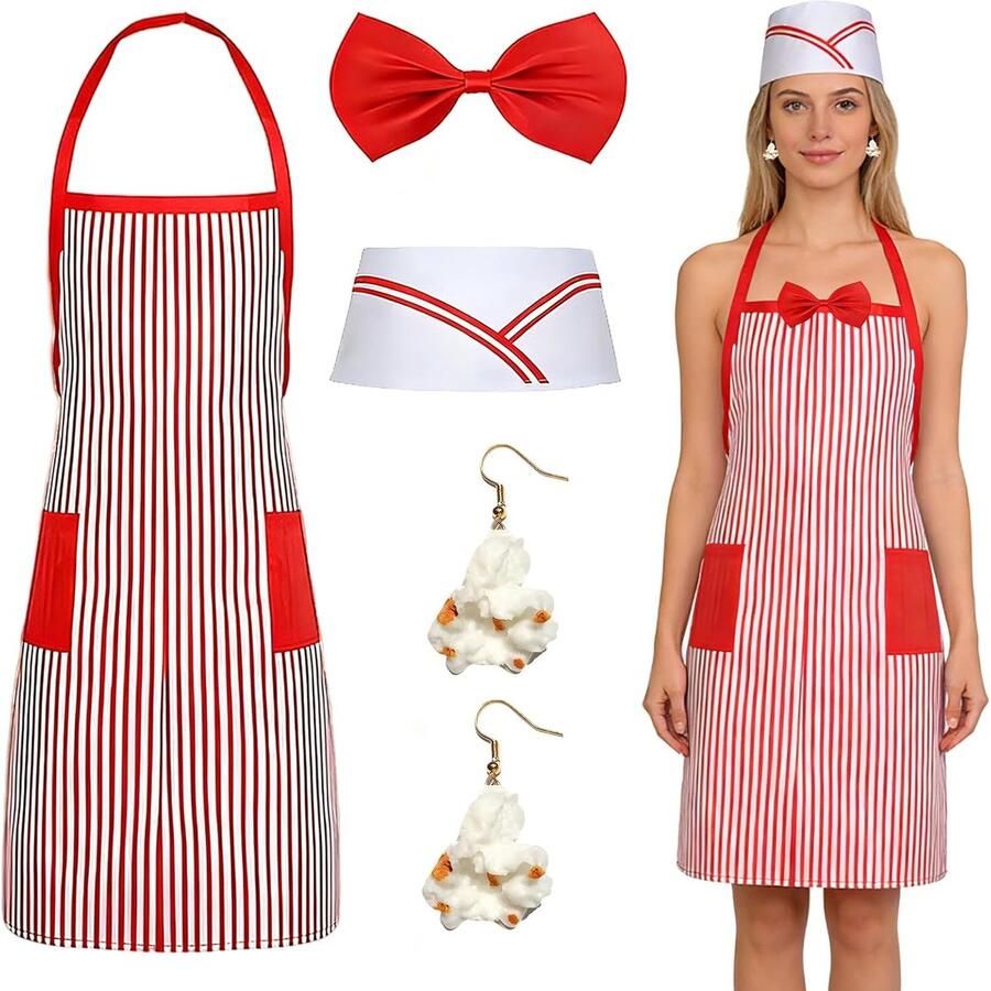 Popcorn Costume Set of 4 Apron Red White Striped Apron Cooking Hat and Popcorn Earrings Popcorn Costume Popcorn ShopVlot
