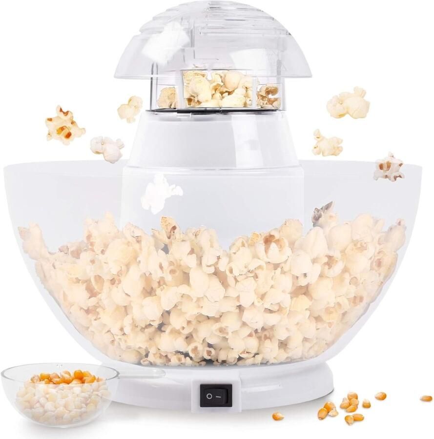 Popcorn Machine – Hetelucht Popcornmachine – Popcornpan Inclusief Serveerschaal – Popcornmakers 1200W Wit