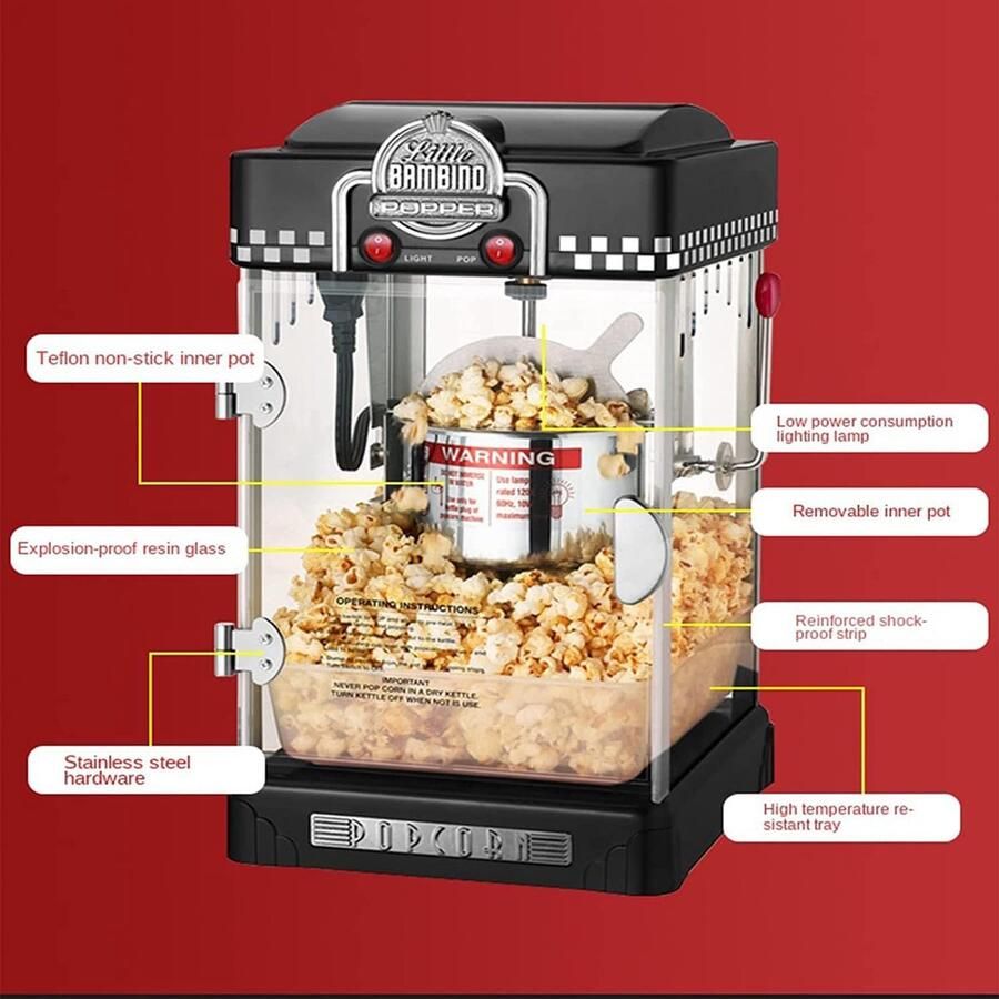 Popcorn Machine Popcornmaker Snackmaker Thuisbioscoop Olievrij poppen 25 x 28 x 46 cm Zwart