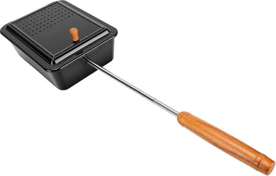 Popcorn Pan Kookplaat Popper Filmavonden Thuis Antiaanbak Binnenkant 42cm Houten Handvat Zwart