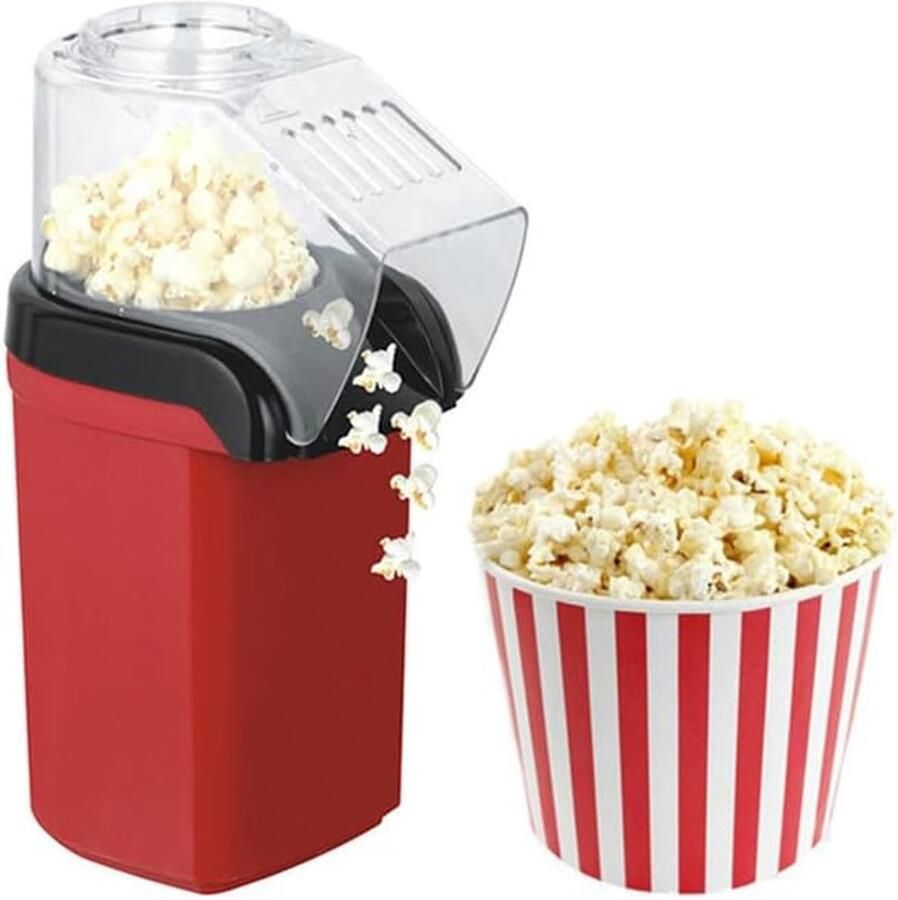 Popcornmachine 10 5 × 10 5 × 25 5 cm Heteluchtpopcornmachine Olievrije heteluchtpopcornmachine Maakt tot 8 kopjes popcorn in enkele minuten Bediening met één knop Eenvoudig in gebruik Geschikt voor filmavonden en studentenkamers Rood