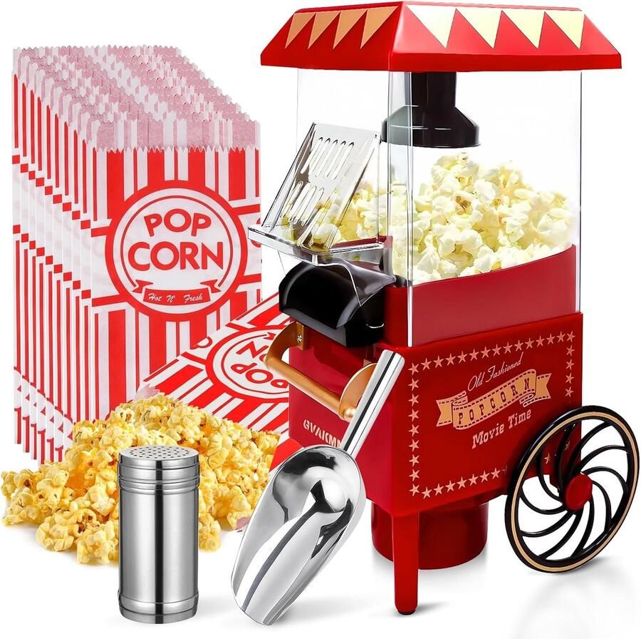 Popcornmachine 10 kopjes heteluchtpopcornmakerset olievrij retrostijl voor thuisbioscoop
