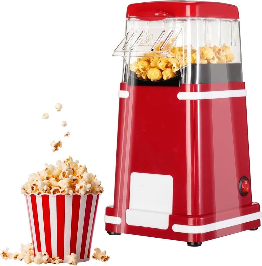 Popcornmachine 1200 W hetelucht-popcornmachine met maatbeker one-touch vetvrij 2 minuten snel voor thuisbioscoop filmavonden Kerstmis feesten retro