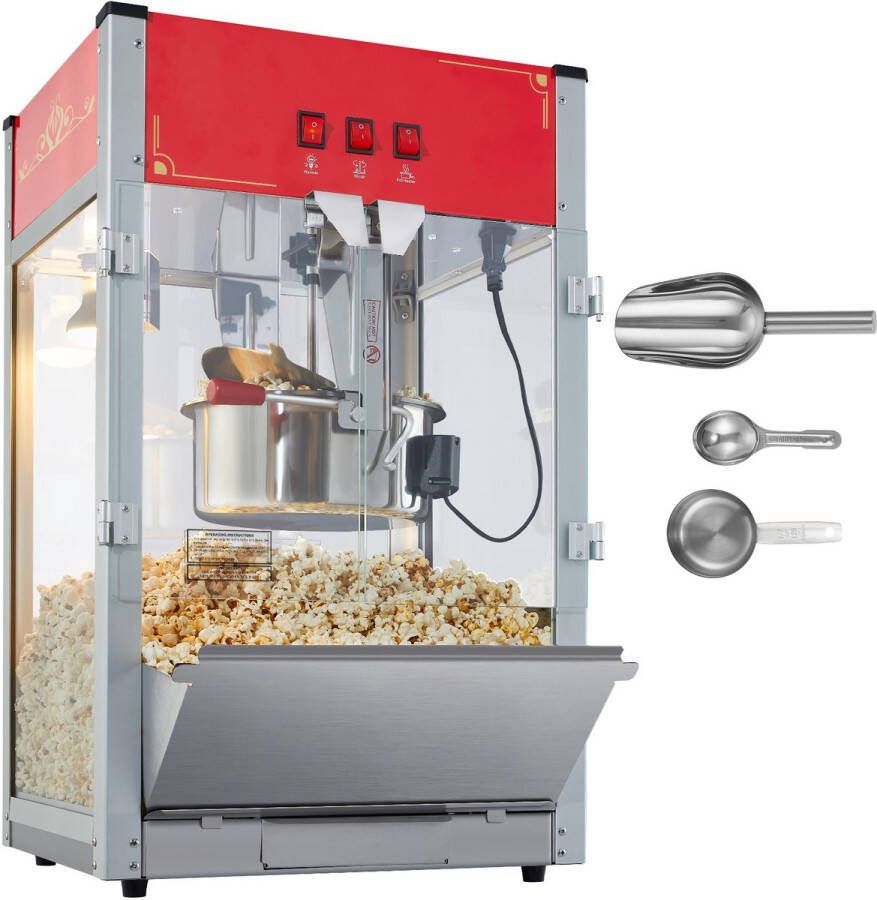 Popcornmachine 1440 W Popcornmachine 12 Oz Waterkoker 80 Kopjes Per Lading Tafelmachine met Gehard Glas 3 Roestvrijstalen Schepjes Rood