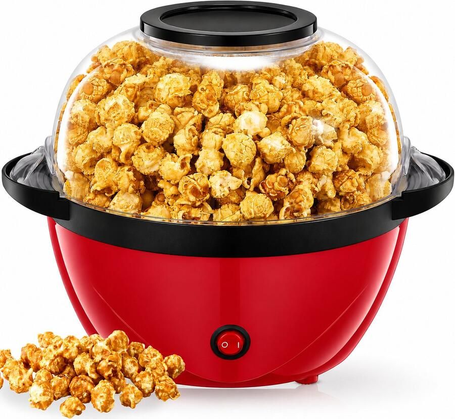 Popcornmachine 3 5L – 99% Popcornopbrengst – Antiaanbaklaag – Transparante 2-in-1 Kom – Suiker & Olie – Stil & Snel – Rood