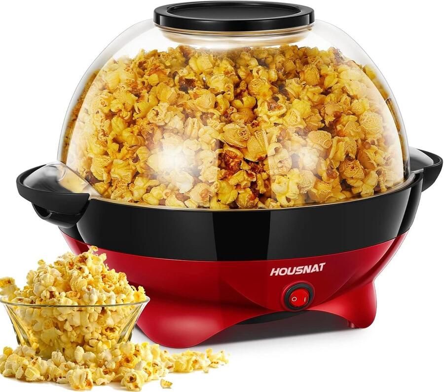 Popcornmachine 5 Liter – 800W Popcornmaker met Roerwerk – Antiaanbaklaag – Afneembare Serveerschaal – Rood