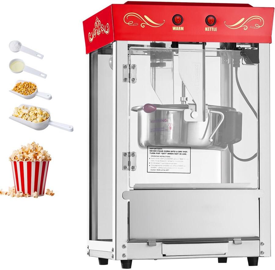 Popcornmachine 800W Popcornmaker 48 Kopjes Capaciteit Rood Commercieel