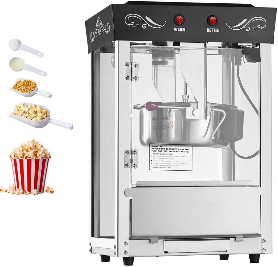 Popcornmachine 800W Zwart Bioscoopstijl met 48 Kopjes Capaciteit
