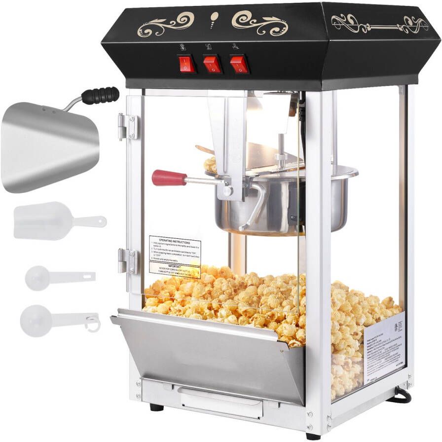 Popcornmachine 850 W Popcornmachine 237 Ml Waterkoker 48 Kopjes Per Lading Tafelmachine met Gehard Glas Incl. 4 Schepjes Zwart