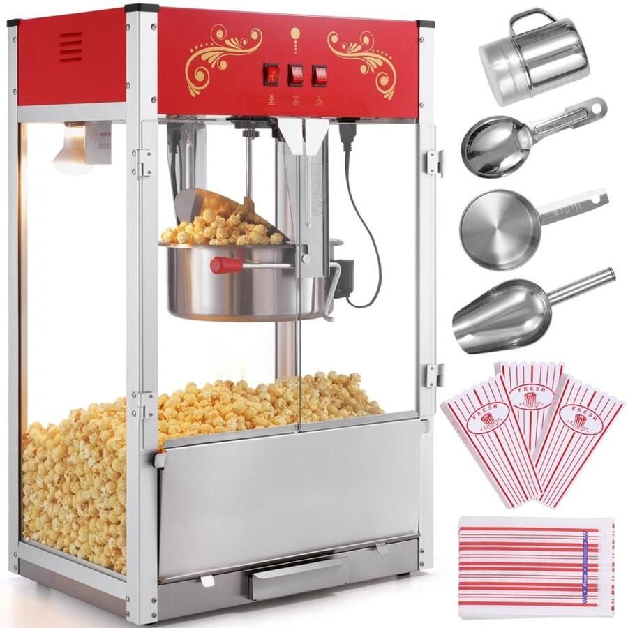 Popcornmachine Aanrecht Popcornmaker 16 oz Ketel 1615 W Vermogen Grote Capaciteit Gehard Glas Inclusief 3 RVS Scheppen Bioscoopstijl