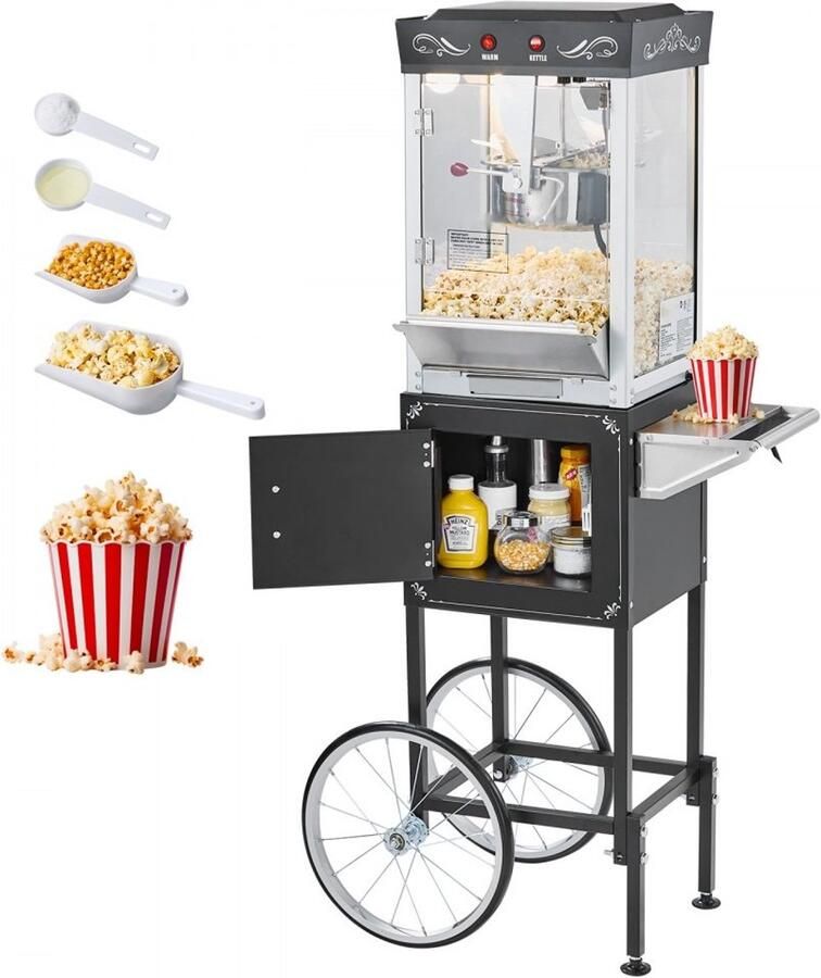Popcornmachine Commercieel met kar en ketel Vermogen 800 W Tot 48 porties per lading Bediening met 2 knoppen Glazen wanden Polycarbonaat deur Zwart