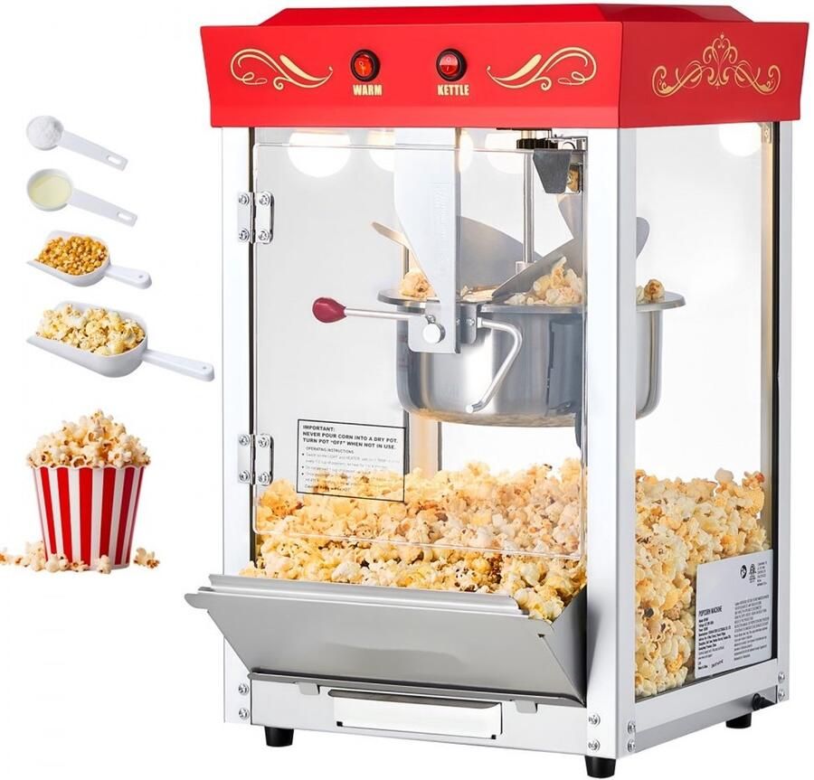 Popcornmachine Commerciële Bioscoopstijl Popcornmaker 800W RVS Ketel 48 Kopjes Per Lading Bediening 2-knops Glazen Wanden Polycarbonaat Deur Rood