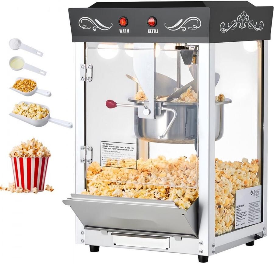 Popcornmachine Commerciële Popcornmaker Vermogen 800W Capaciteit 48 Kopjes per Lading RVS Ketel Bioscoopstijl 2-Knops Bediening Glazen Wanden en PC-Deur Zwart