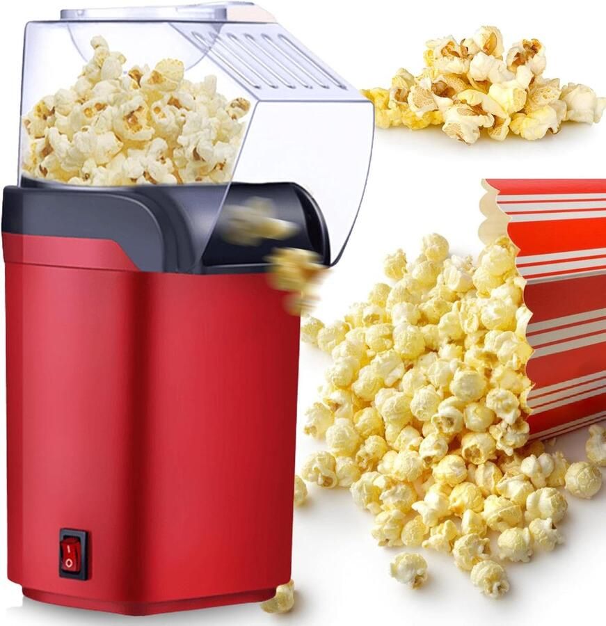 Popcornmachine Heteluchtpopcornmachine Doe-het-zelf popcornmachine 1200 watt Gezond en olievrij Geschikt voor familiefeesten verjaardagen en filmavonden Rood