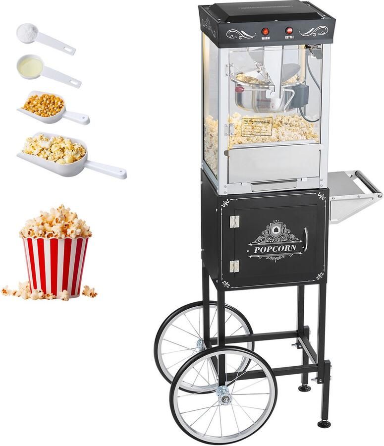 Popcornmachine met Kar 800w 48 Kopjes Capaciteit Zwart