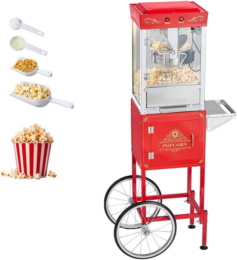 Popcornmachine met Kar 800W 48 Porties Per Keer Rood