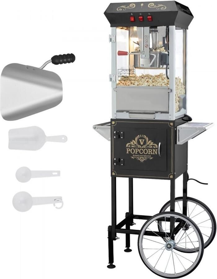 Popcornmachine met Kar Popcornmaker 850W Vermogen Ketel 8 oz (0 24 l) Capaciteit 48 kopjes per lading Gehard glas Inclusief 4 scheppen Bioscoopstijl Zwart