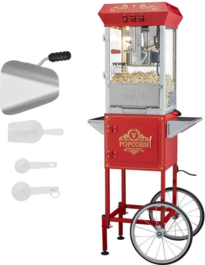 Popcornmachine met trolley Popcornapparaat Feestelijke Snacks Maken Grote Capaciteit 8 Ounces Rood