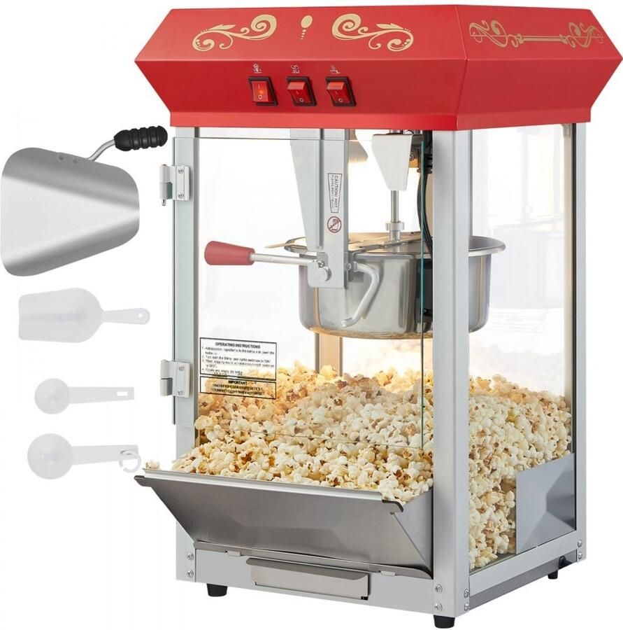 Popcornmachine Popcornmaker Bioscoopmodel 850W 8 oz Ketel Tot 48 kopjes per lading Gehard glas Inclusief 4 scheppen Aanrechtmodel
