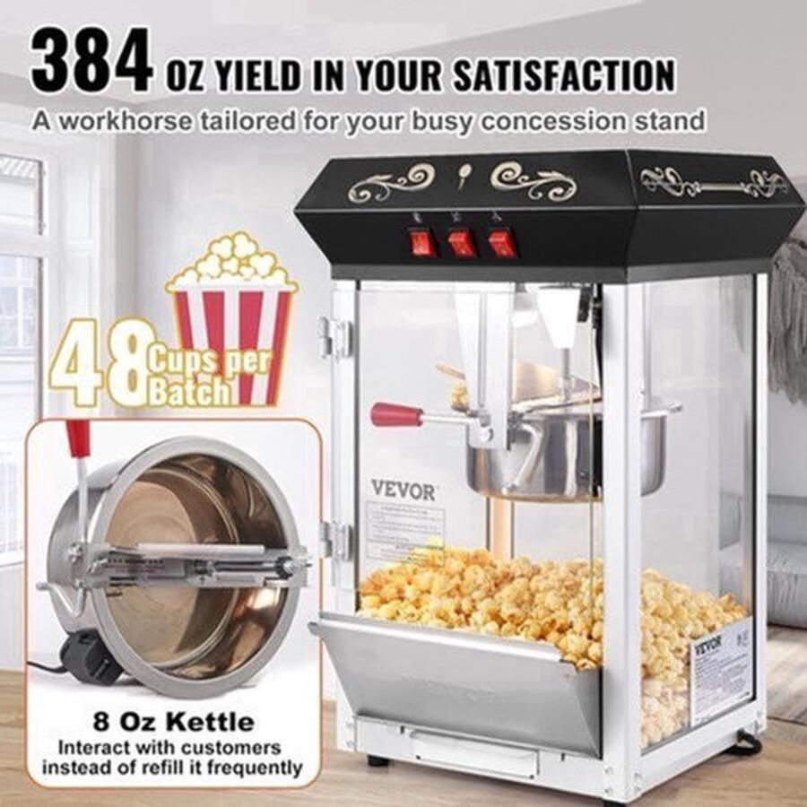 Popcornmachine – Popcornmaker – Popcornapparaat – Popcornpopper – Bioscoopmachine – 850W Vermogen – 8oz Ketelcapaciteit Voor 48 Koppen