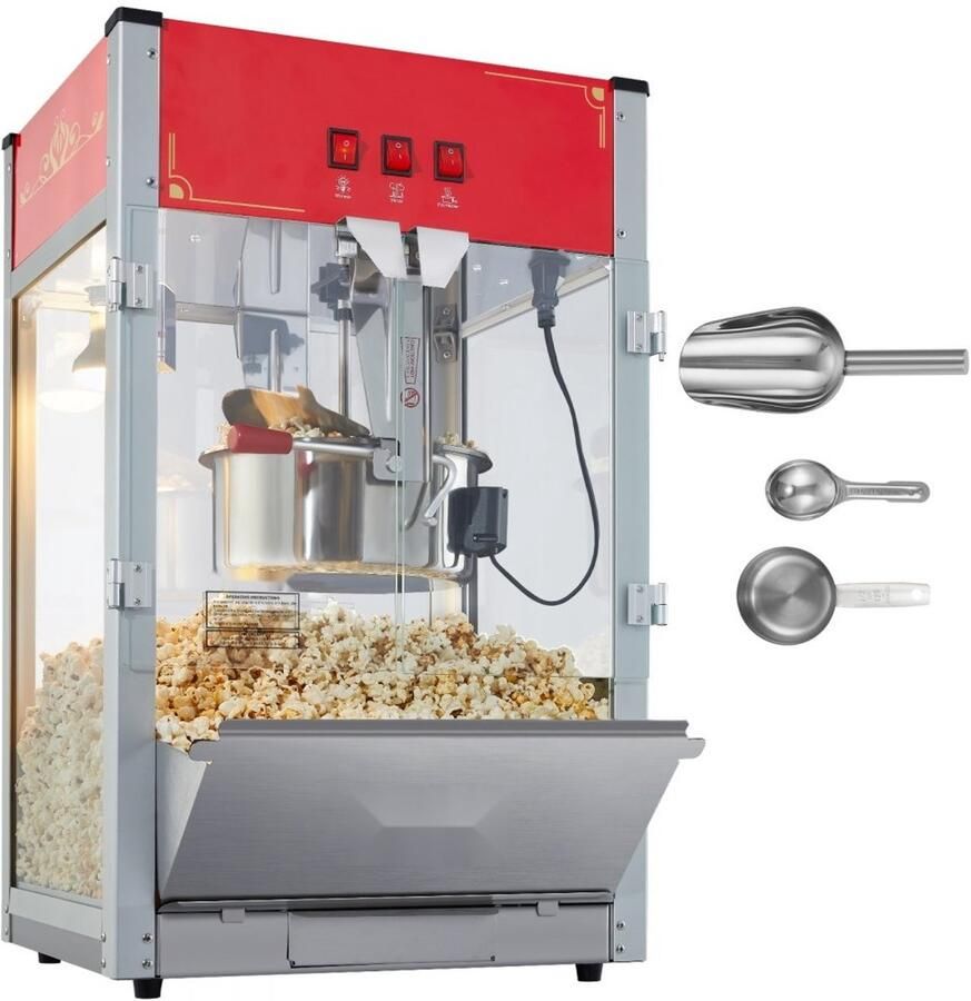 Popcornmachine Popcornmaker Tafelmodel Vermogen 1440 W Ketel 12 oz Capaciteit 80 Bekers per Lading Gehard Glas Inclusief 3 RVS Scheppen Bioscoopstijl