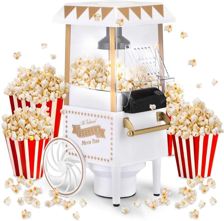 Popcornmachine retro elektrische popcornmachine 1200 W eenvoudig te bedienen knop bereiding in 2 minuten hete lucht 0 3 l draagbaar ideaal voor thuis wit