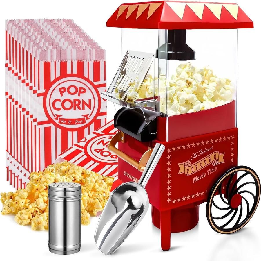 Popcornmachine Retro Rood 9 x 6 x 15 inch Draagbare Olievrije Popcornmaker met Geschenkdoos Voor Filmavonden