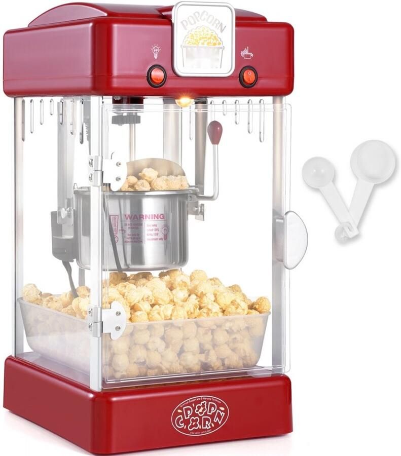 Popcornmachine Tafelmodel Vermogen 300 W Ketel 71 g Capaciteit 4 liter per keer Inclusief 2 scheppen en schaal Bioscoopstijl Rood