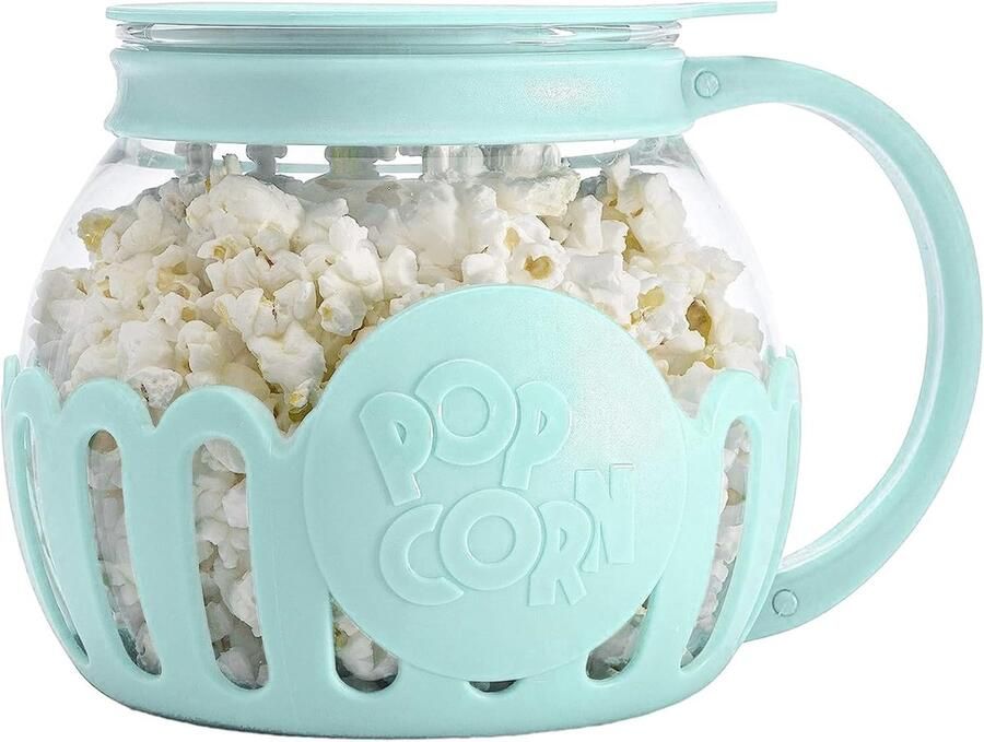 Popcornmaker Glas Magnetron Schaal Thuis Films Kijken Deksel Meet Kom 2.1 Liter Inhoud Blauw