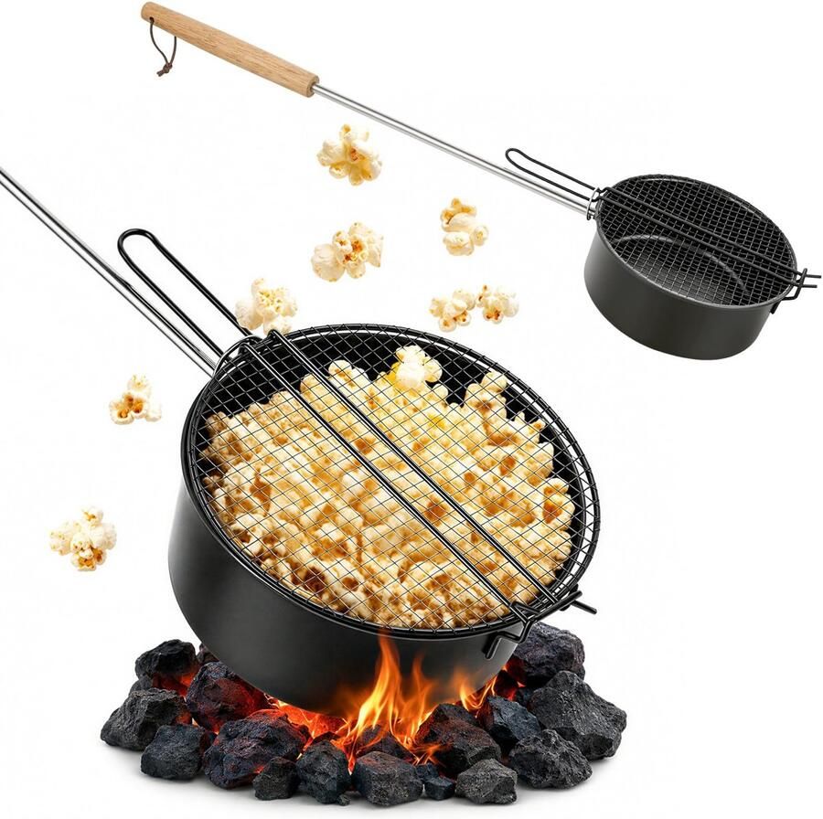 Popcornmaker kampvuur popcornpot kampvuur met afneembare lange handgreep popcornmaker antiaanbaklaag en netdeksel ShopVlot