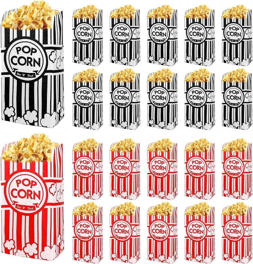 Popcornzakjes 200 stuks popcornzakjes klein opvouwbare popcornbox Candybar 9 x 21 cm popcornbekers voor films feest verjaardag picknick (rood + zwart)