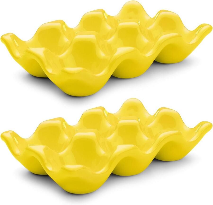 Porseleinen Eierdoos voor 6 Eieren Decoratieve Houder voor Koelkast en Aanrecht Geel 2 Stuks