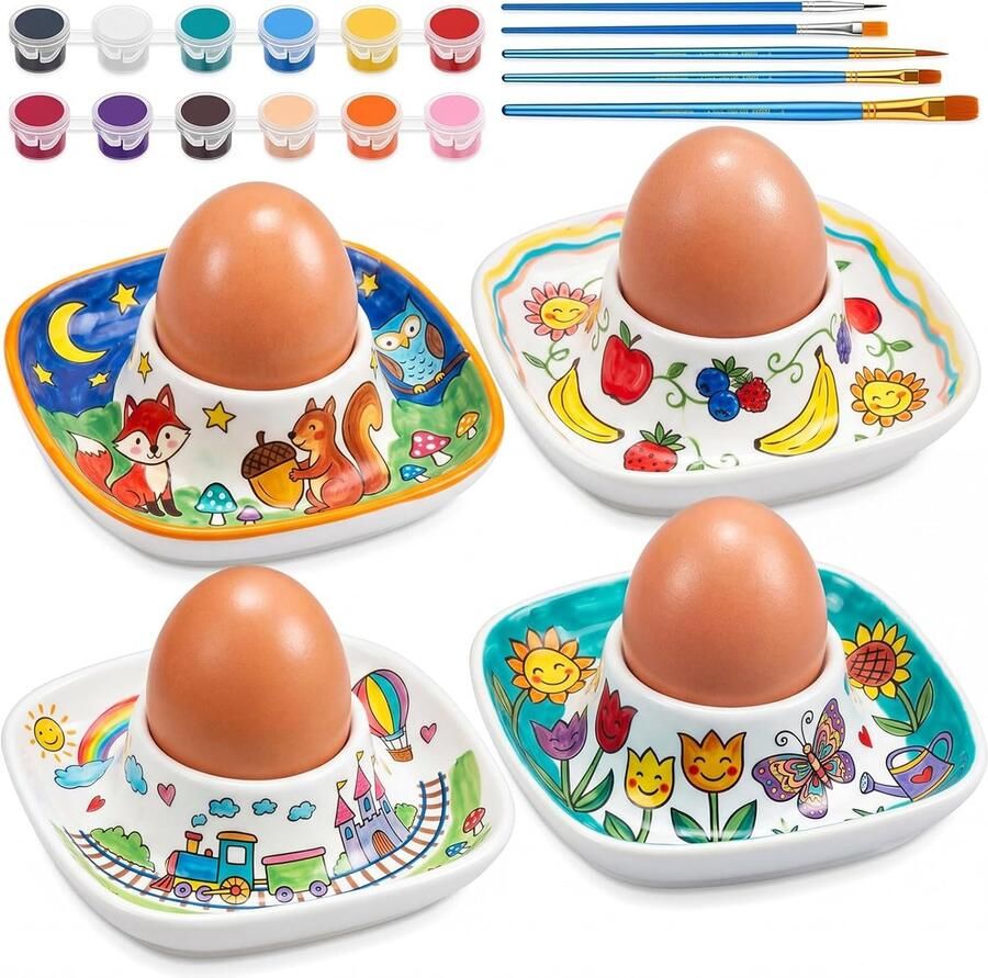 Porseleinen Eierdopjes Beschilder Je Eigen Eierdopjes Voor Pasen Inclusief Schilderset en Geschenkdoos Voor Pasen Zelfgemaakt Verjaardagscadeau Kampeercadeau(Set van 4 Verfset Vierkant)