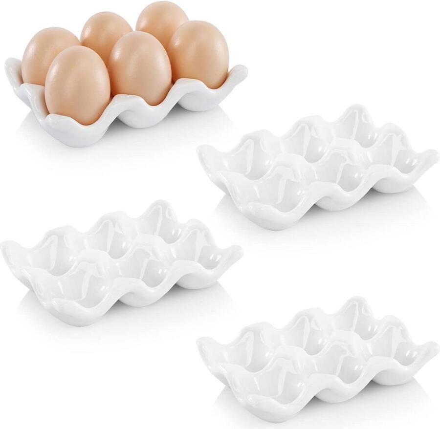 Porseleinen Eierhouder Keramische Eierbak Eieren Bewaren 6-Kops Indeling 14.5 x 9.9 x 3 cm Wit