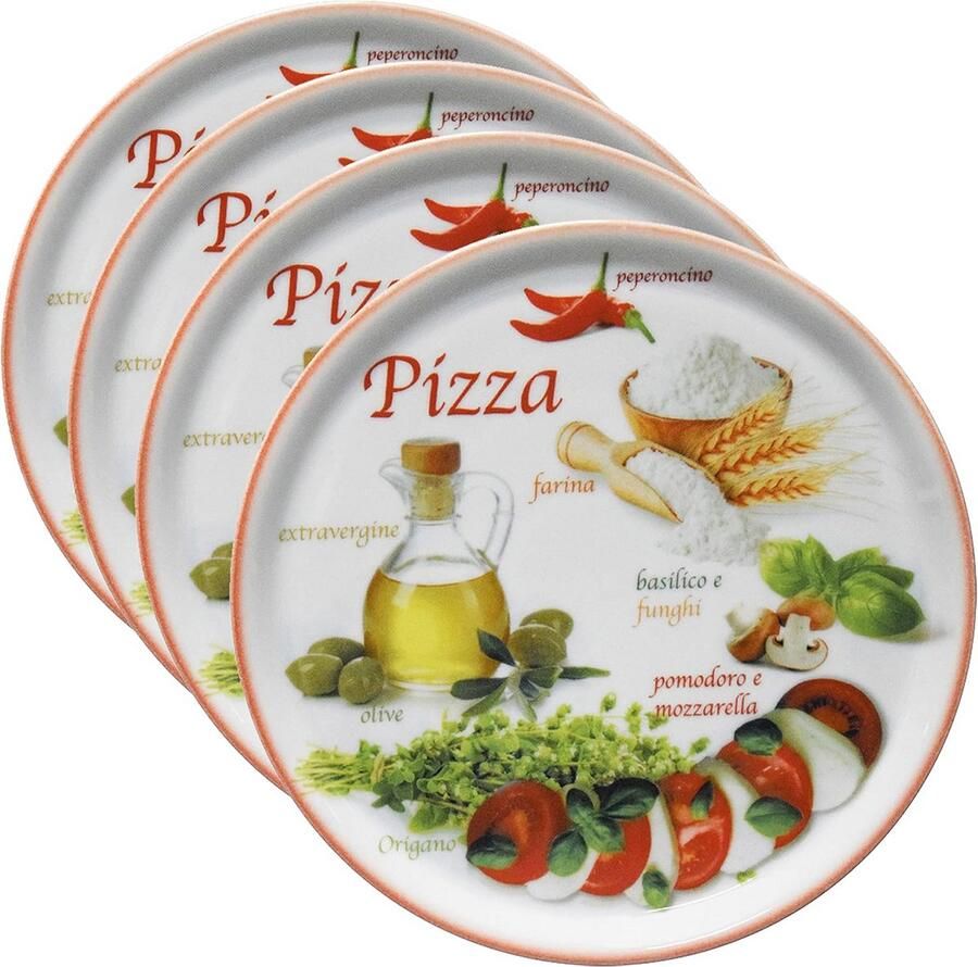 Porseleinen Pizzaborden 32 cm Set van 4 Rode Rand Motieven Serveerplaten Voorgerechten Antipasti Tomaat-Mozzarella Ovenbestendig Vaatwasmachinebestendig