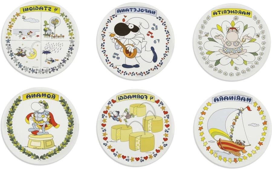 Porseleinen Pizzaborden Pizzaplaten Set Pizza Serveren Unieke Italiaanse Illustraties 30.5 cm Wit met Kleurrijk