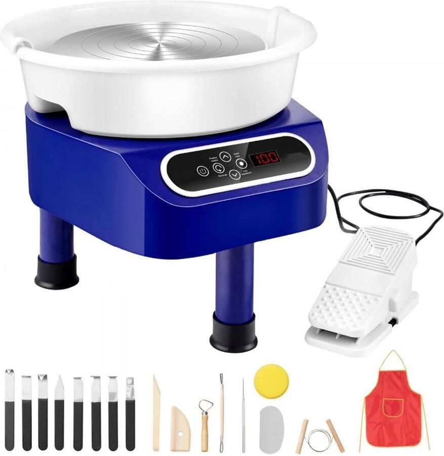 Pottenbakkersschijf Elektrische draaischijf 28 cm Motor 450 W Pedaalbediening LCD touchscreen Directe aandrijving Drie steunpoten Blauw