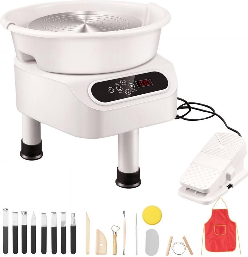 Pottenbakkersschijf Elektrische draaischijf 28 cm Schijfdiameter 450 W Motor Pedaalbediening LCD-touchscreen Directe Aandrijving 3 Steunpoten Wit