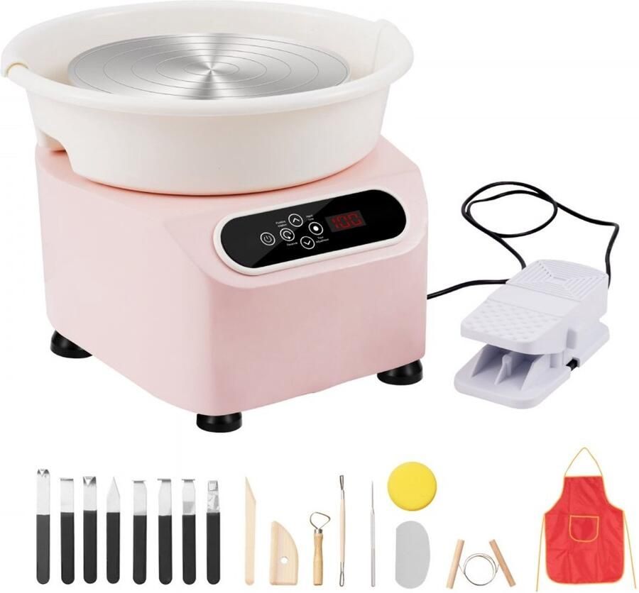 Pottenbakkersschijf Elektrische keramiekdraaischijf Draaiplateau 28 cm 450 W Motor Met Voetpedaal LCD-touchscreen Directe Aandrijving Inclusief Gereedschap Roze