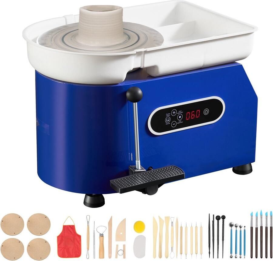 Pottenbakkerswiel Elektrische kleimachine 450 W motor 28 cm draaiplateau 60-300 tpm snelheidsregeling Hand- en voetbediening Verwijderbare ABS-kom Blauw