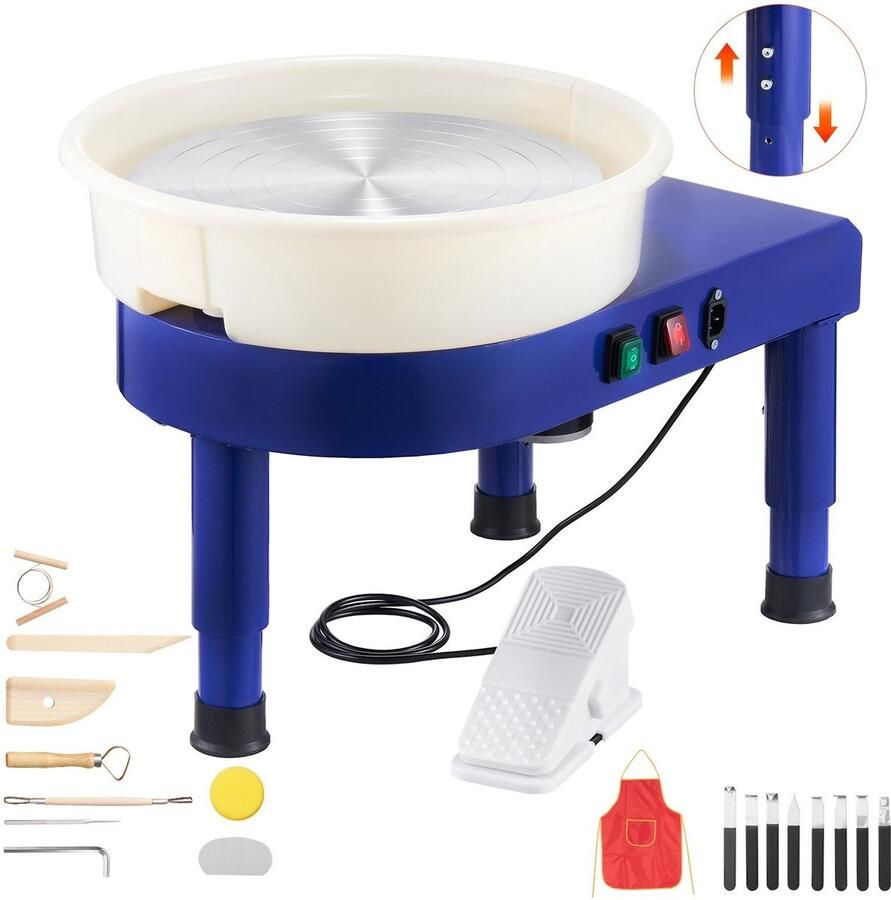 Pottenbakkerswiel Elektrische kleimachine 450 W Motor 35 cm Draaiplateau Snelheidsregeling 60-300 tpm Voetpedaal Verwijderbare Kom Verstelbare Hefvoet Blauw
