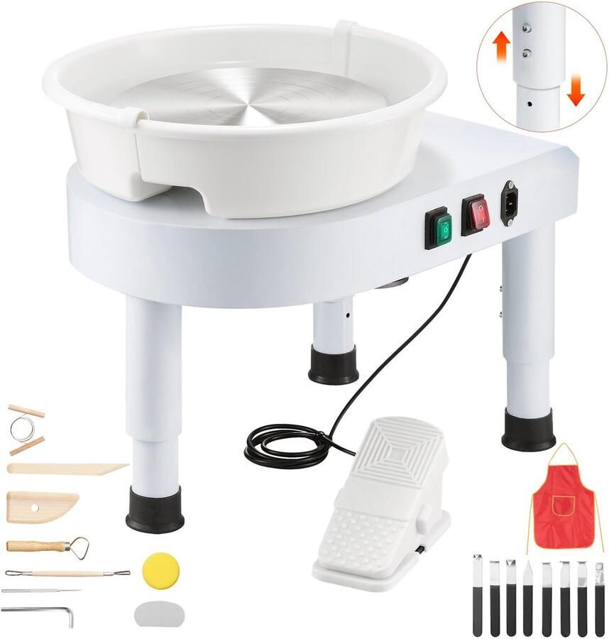Pottenbakkerswiel Keramische draaischijf 28 cm Variabele snelheid 60-300 tpm met voetpedaal Afneembare kom Verstelbare poten Complete accessoires Wit