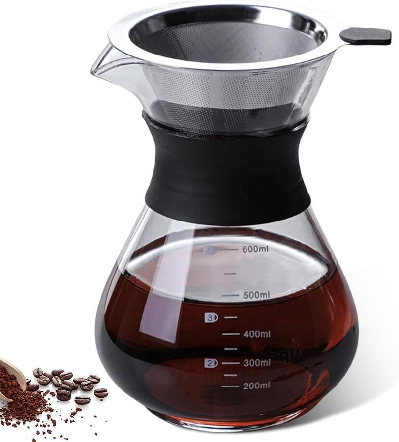 Pour Over Cafetière Glas 600ml Dubbelwandig Roestvrijstalen Filter (304) Handgemaakte Koffiezetapparaat Hittebestendig Borosilicaatglas BPA-vrij Vaatwasmachinebestendig