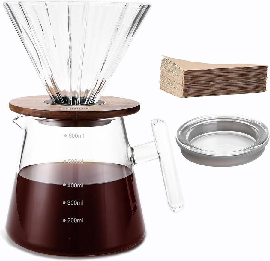 Pour Over Koffiezetapparaat 20oz Borosilicaatglas Set met 100 stuks Papierfilter Walnoot Kraag & Glazen Deksel Druppelkoffiezetapparaat 1-3 Kopjes Helder (600 ml (glazen handvat))